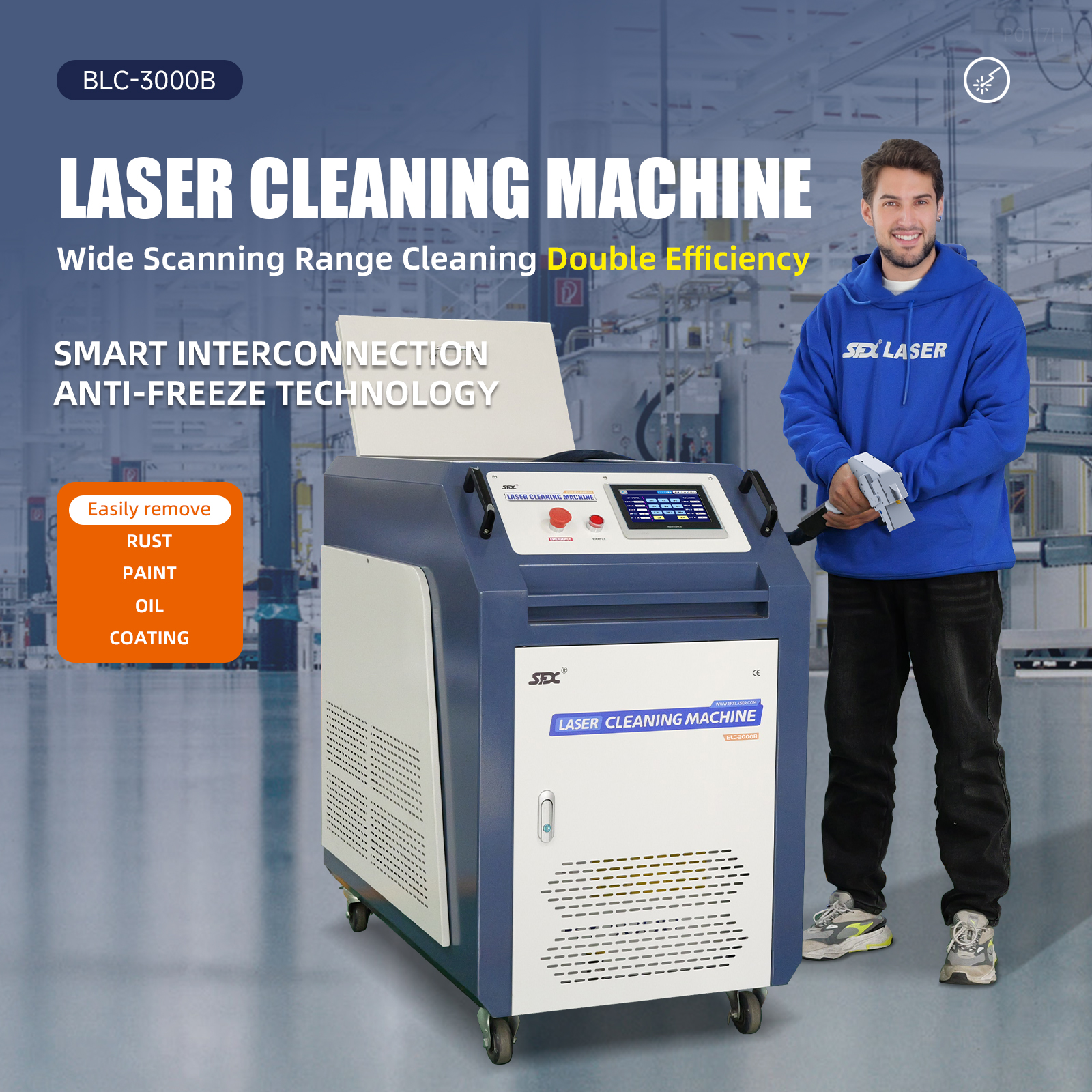 Máquina de limpieza láser SFX BLC-3000B de 3000 W, alta eficiencia, rango de escaneo de 400 mm, tecnología anticongelante e interconexión inteligente, removedor de óxido láser