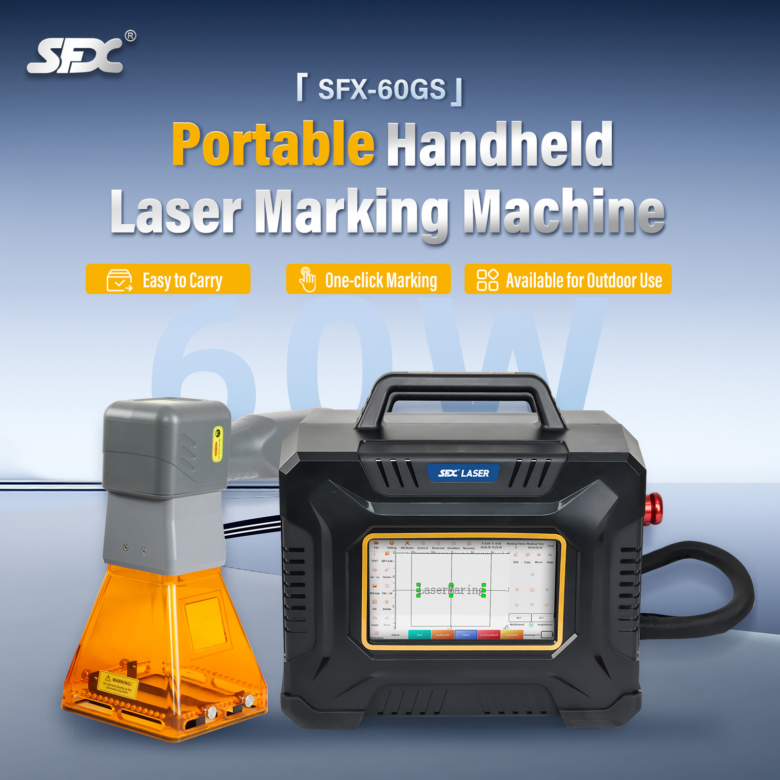 SFX 60W Tragbare Lasermarkierungsmaschine Handheld-Faserlasergravierer Metall- und Nichtmetallmarkierung