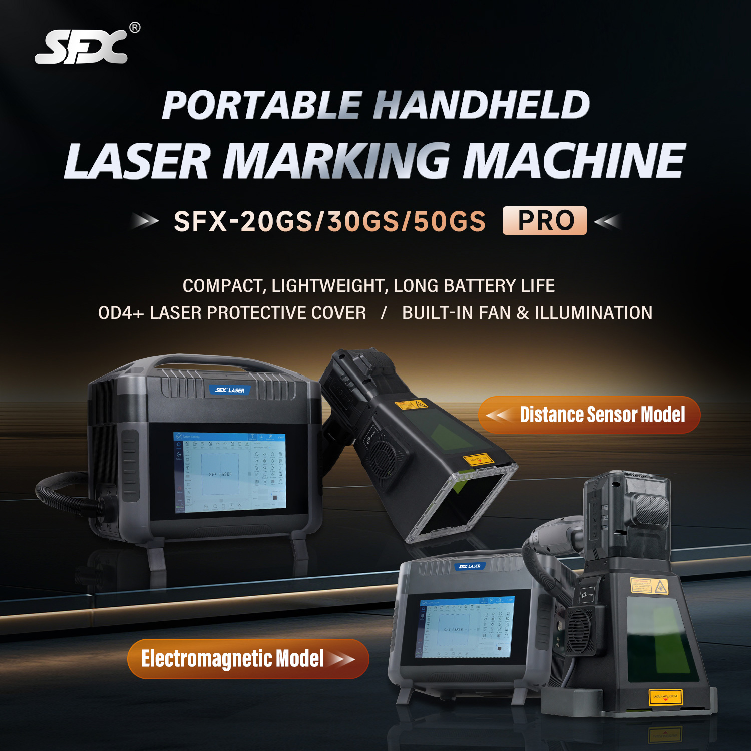 SFX Pro Version 20W 30W 50W Tragbares Handlaser-Markiergerät mit Abstandssensor oder elektromagnetischem