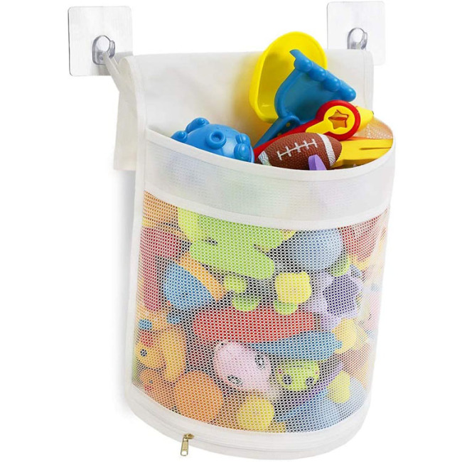 Clever Zippered Mesh Bath Toy Organizer Storage Bag Multiple Ways to Hang Extra Large Opening Bathroom Toy Holder