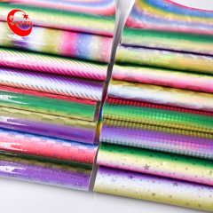 Proveedor de China Rayas de charol de PU de color arco iris para zapatos