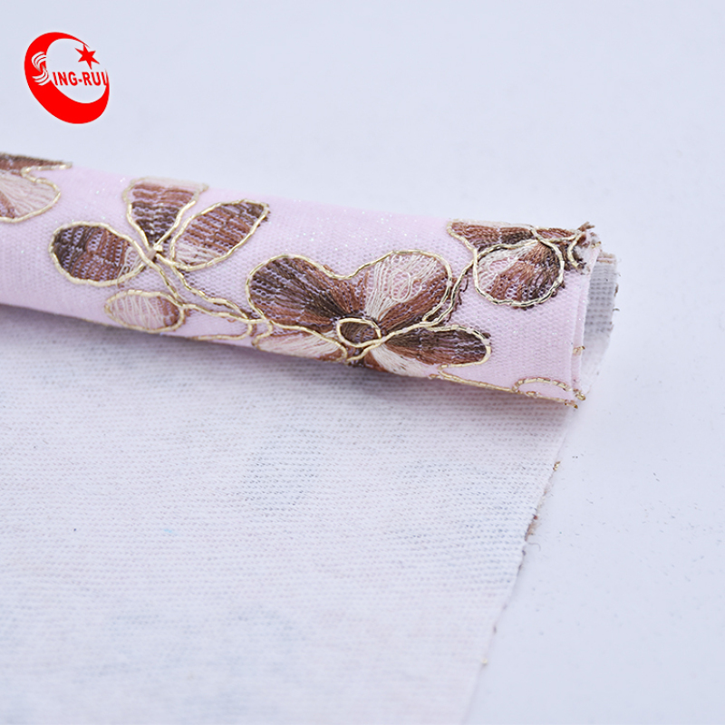 Luxurious Top Unique Golden Border Embroidery Floral Pattern Pink Glitter Faux Leather Fabric For Shoes Bags Decoration