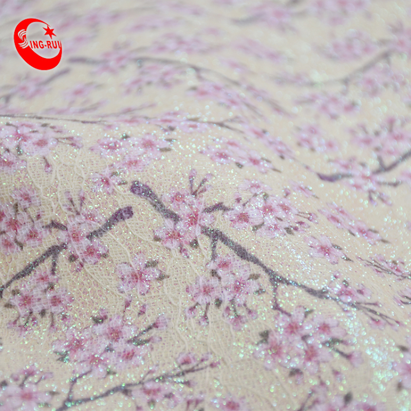 Peach Blossom Pattern Custom Flower Printing Faux Leather Glitter Blingbling Woven Fabric For Bags Shoes Decoration Wall Paper