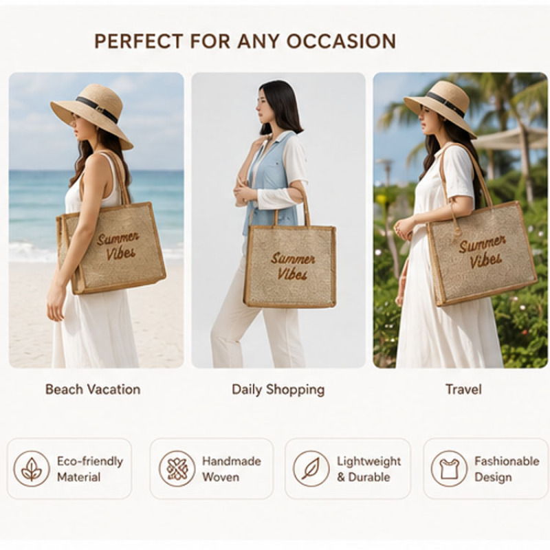 Custom Logo Straw Tote Bag Large Capacity Beach Shopping Handbag Eco Friendly Summer Jute Tote Bag