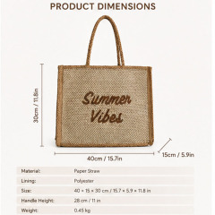 Custom Logo Straw Tote Bag Large Capacity Beach Shopping Handbag Eco Friendly Summer Jute Tote Bag