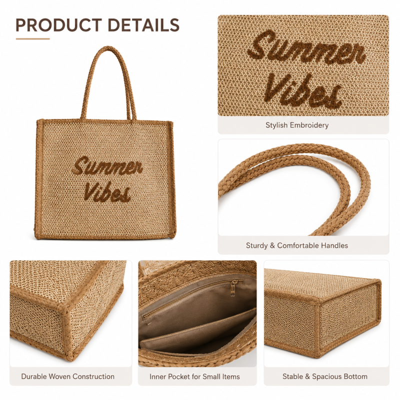 Custom Logo Straw Tote Bag Large Capacity Beach Shopping Handbag Eco Friendly Summer Jute Tote Bag