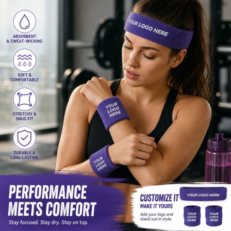 Custom Terry Cloth Sweat Band Set Embroidered Logo Sports Wristband Headband Set for Gym Fitness Running Promotional Gifts