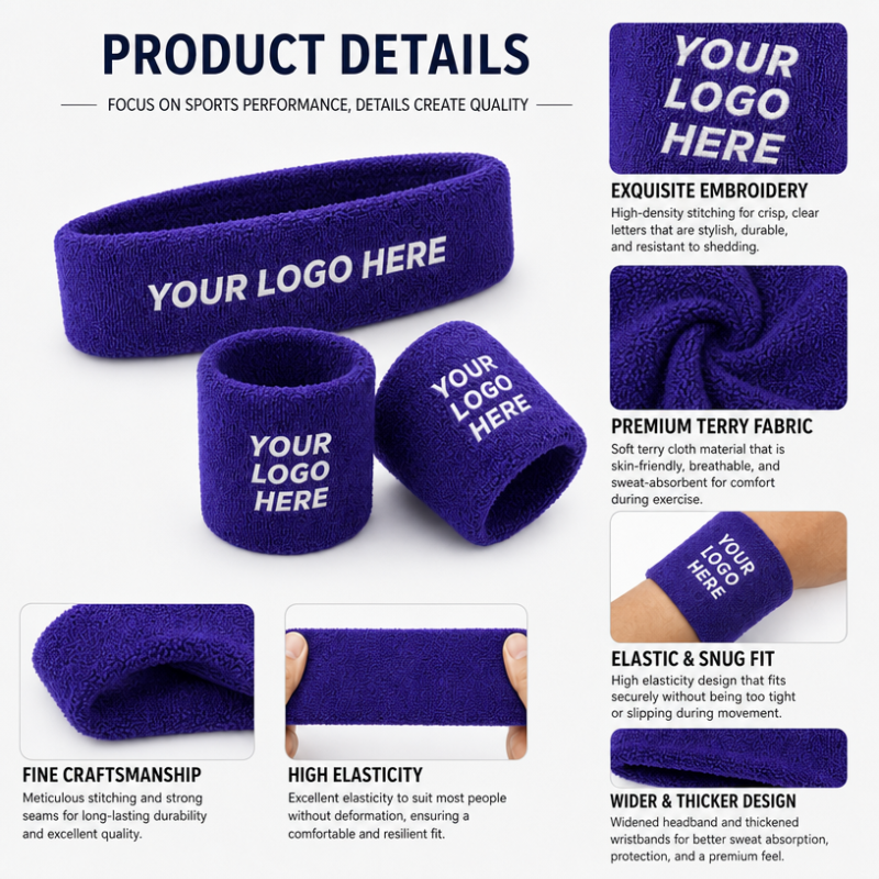 Custom Terry Cloth Sweat Band Set Embroidered Logo Sports Wristband Headband Set for Gym Fitness Running Promotional Gifts