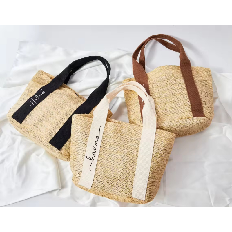 Summer Beach Women's Handwoven Shoulder Bag Rattan and Straw Tote with Wide Strap and White Handle for Shopping
