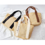 Summer Beach Women's Handwoven Shoulder Bag Rattan and Straw Tote with Wide Strap and White Handle for Shopping