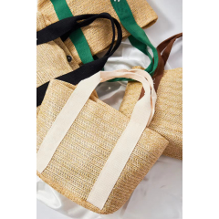 Summer Beach Women's Handwoven Shoulder Bag Rattan and Straw Tote with Wide Strap and White Handle for Shopping