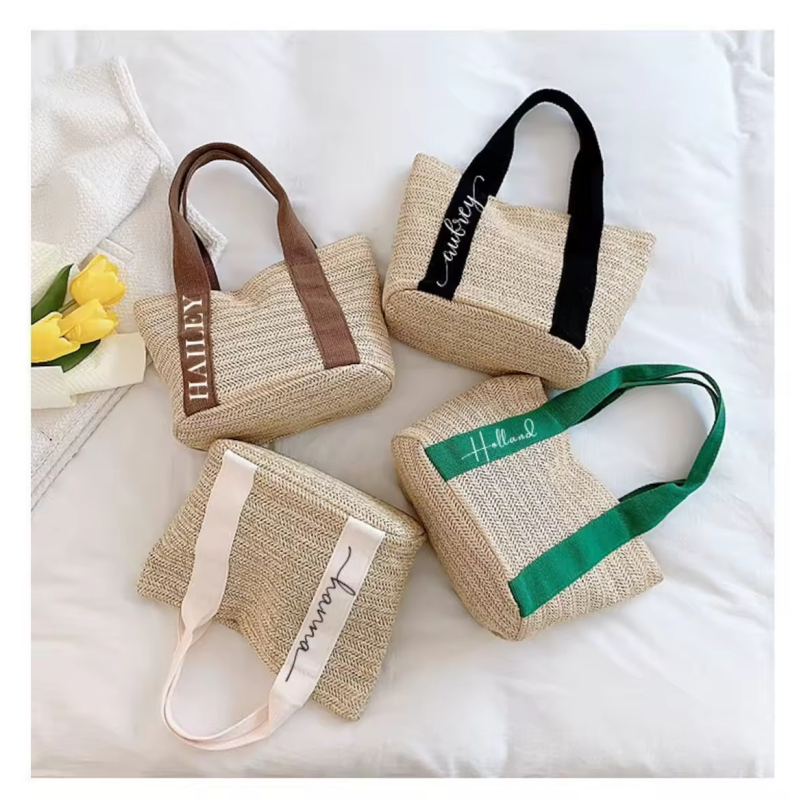 Summer Beach Women's Handwoven Shoulder Bag Rattan and Straw Tote with Wide Strap and White Handle for Shopping