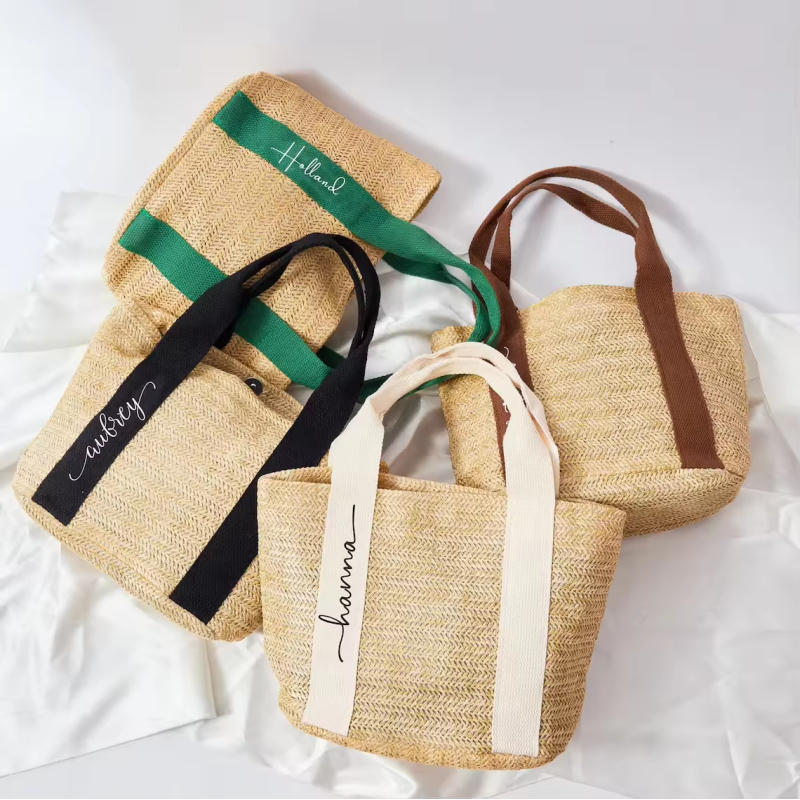 Summer Beach Women's Handwoven Shoulder Bag Rattan and Straw Tote with Wide Strap and White Handle for Shopping