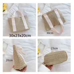 Summer Beach Women's Handwoven Shoulder Bag Rattan and Straw Tote with Wide Strap and White Handle for Shopping