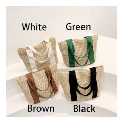Summer Beach Women's Handwoven Shoulder Bag Rattan and Straw Tote with Wide Strap and White Handle for Shopping