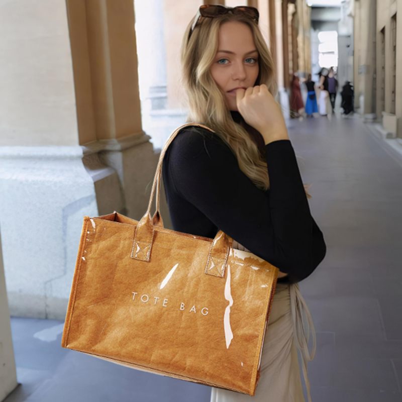 투명 문자 인쇄가 있는 새로운 트렌디 방수 PVC 토트백 도폰 타이벡 크래프트지 탑 핸들 작업 핸드백 지갑 여성용