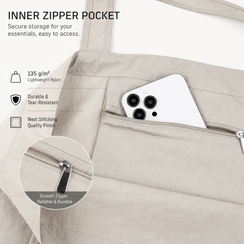Custom Logo Soft Nylon Foldable Tote Bag  Lightweight Drawstring Shopping Bag with Inner Pocket and Elastic Strap for Travel