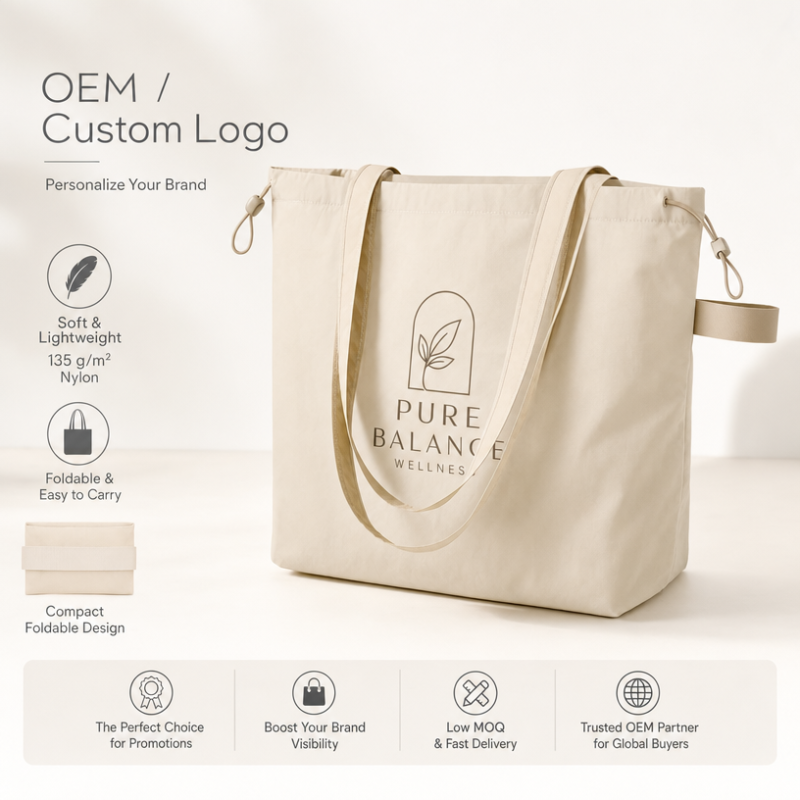 Custom Logo Soft Nylon Foldable Tote Bag  Lightweight Drawstring Shopping Bag with Inner Pocket and Elastic Strap for Travel