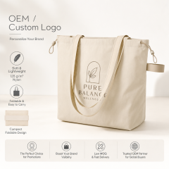 Custom Logo Soft Nylon Foldable Tote Bag Lightweight Drawstring Shopping Bag with Inner Pocket and Elastic Strap for Travel
