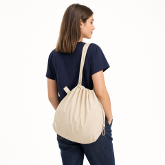 Custom Logo Soft Nylon Foldable Tote Bag Lightweight Drawstring Shopping Bag with Inner Pocket and Elastic Strap for Travel