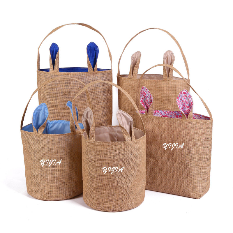 Cute Bunny Ear Jute Tote Bag Large Capacity, Foldable Stylish for Work Shopping