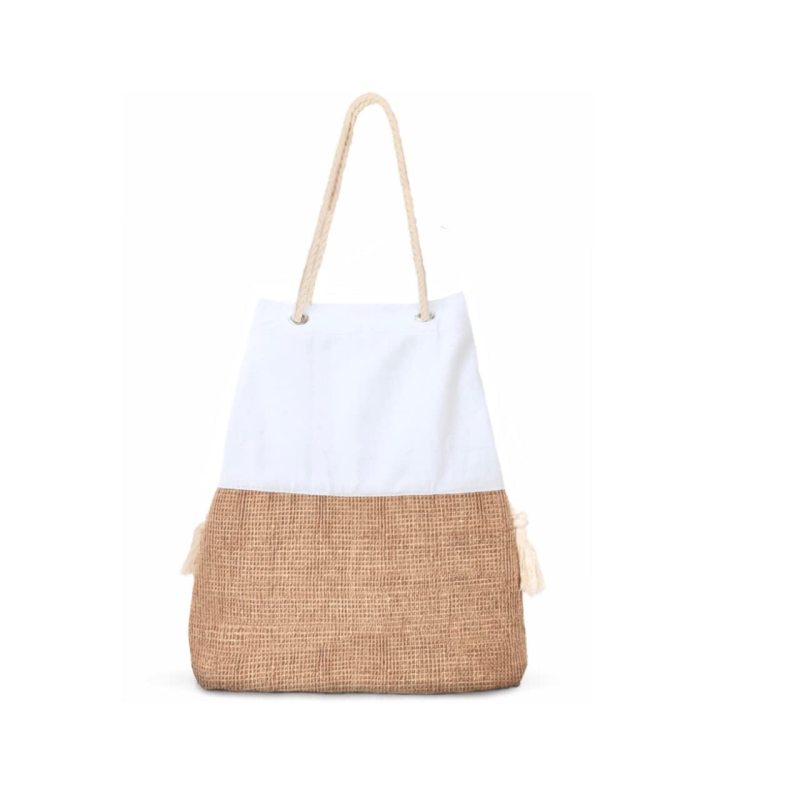 Custom Large Canvas and Jute boho Tote Summer Beach Bag Shoulder Shopping Tote Bag