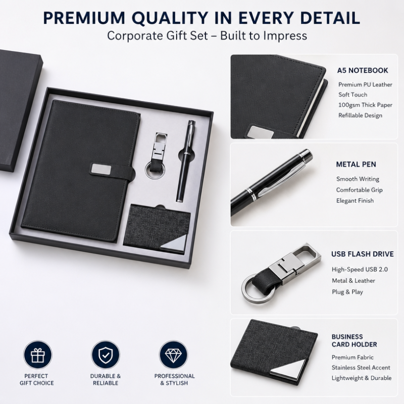 Custom Logo 4 in 1 Corporate Gift Set A5 Notebook Pen USB Flash Drive Business Card Holder Executive Promotional Gift Box