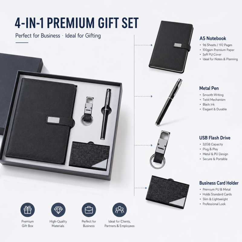 Custom Logo 4 in 1 Corporate Gift Set A5 Notebook Pen USB Flash Drive Business Card Holder Executive Promotional Gift Box