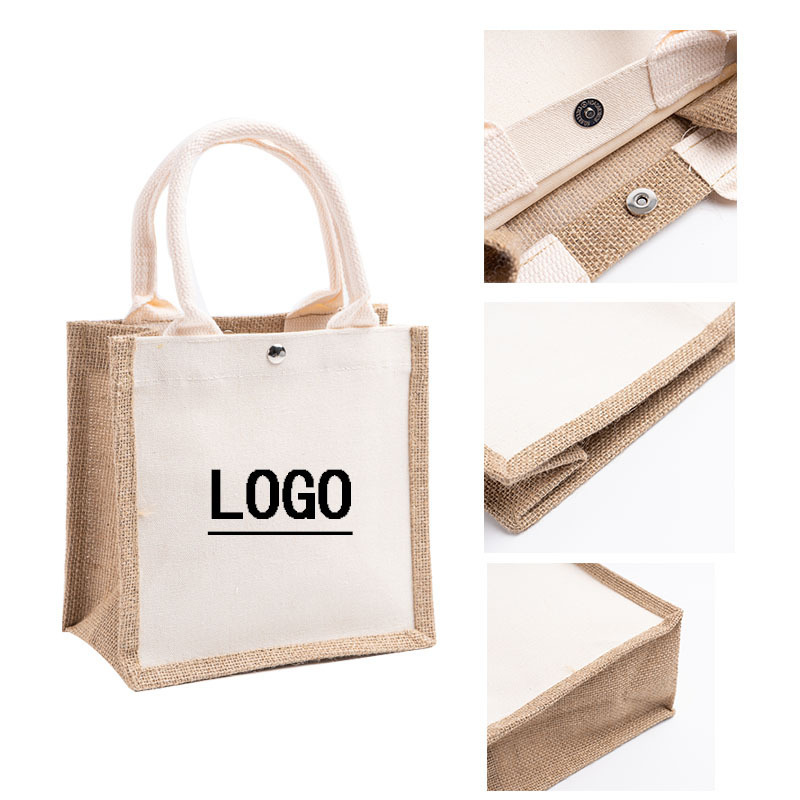 Reusable Jute and Canvas Shopping Handbag with Zipper Large Capacity Foldable Tote
