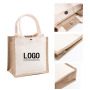 Reusable Jute and Canvas Shopping Handbag with Zipper Large Capacity Foldable Tote