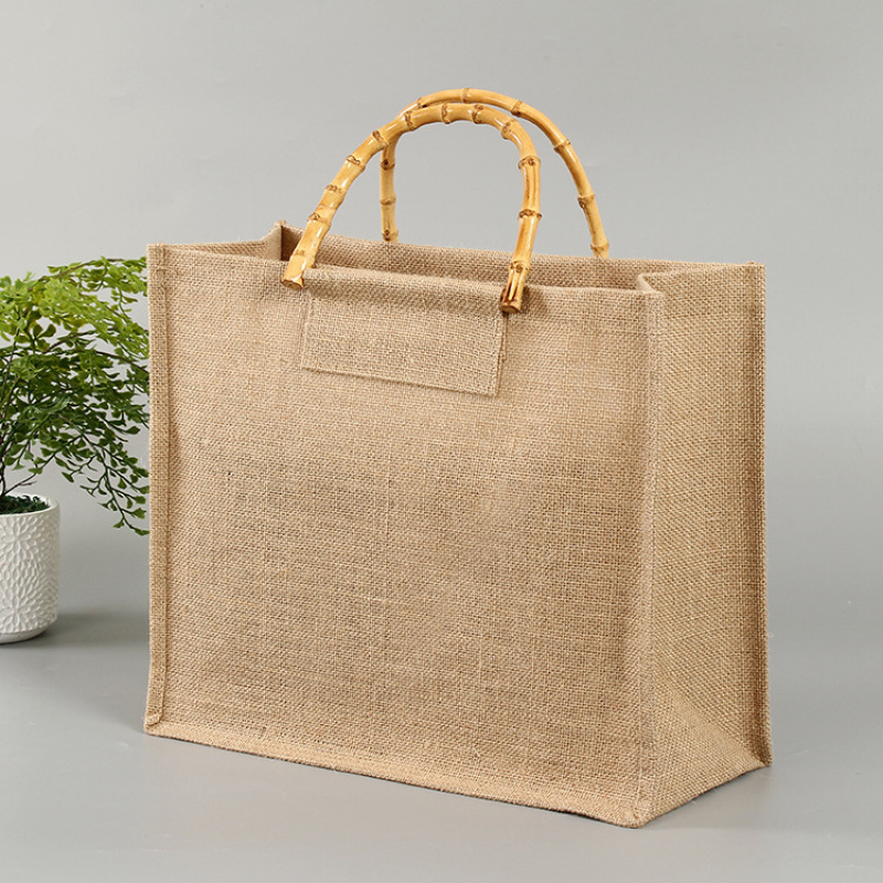  Wholesale Custom Printed Burlap Shopping Jute Tote Bag With Bamboo Handle