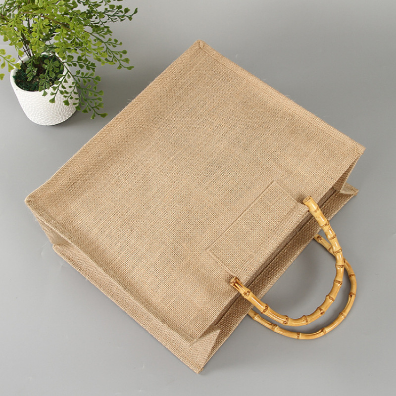  Wholesale Custom Printed Burlap Shopping Jute Tote Bag With Bamboo Handle