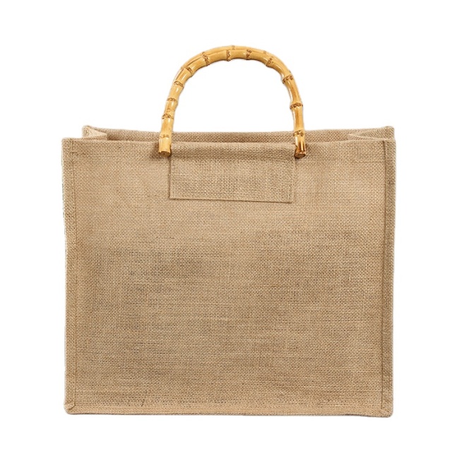 Manufacturer Wholesale Custom Printed Burlap Shopping Jute Tote Bag With Bamboo Handle