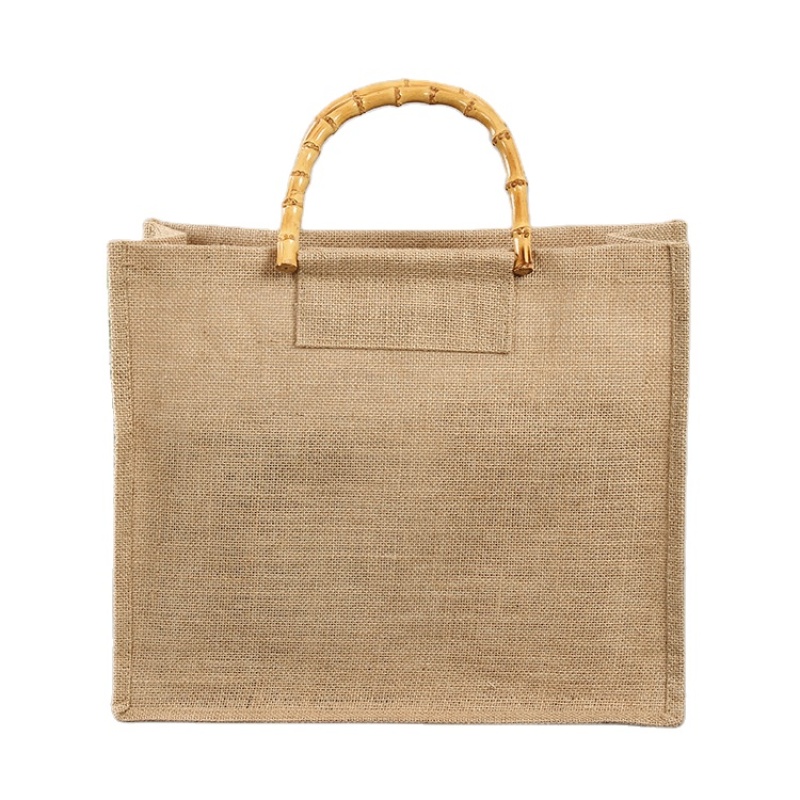  Wholesale Custom Printed Burlap Shopping Jute Tote Bag With Bamboo Handle