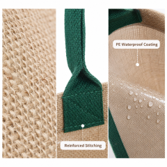 Custom Logo Eco Friendly Jute Tote Bag Wholesale Burlap Shopping Bag with Green Contrast Handles Promotional Gift Bag