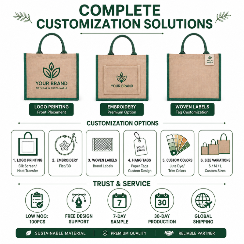 Custom Logo Eco Friendly Jute Tote Bag Wholesale Burlap Shopping Bag with Green Contrast Handles Promotional Gift Bag