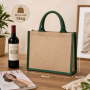 Custom Logo Eco Friendly Jute Tote Bag Wholesale Burlap Shopping Bag with Green Contrast Handles Promotional Gift Bag