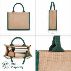 Custom Logo Eco Friendly Jute Tote Bag Wholesale Burlap Shopping Bag with Green Contrast Handles Promotional Gift Bag