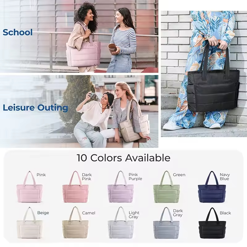 Custom Logo Large Capacity Puffy Tote Bag with Compartments Lightweight Puffer Travel Bag Women's Handbags for Daily Use