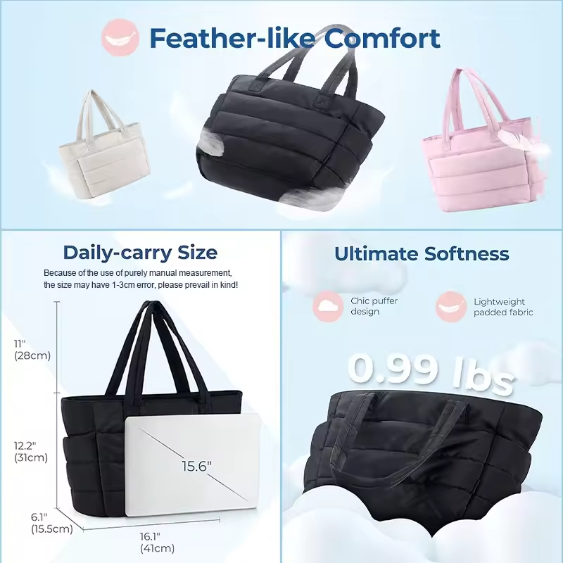 Custom Logo Large Capacity Puffy Tote Bag with Compartments Lightweight Puffer Travel Bag Women's Handbags for Daily Use