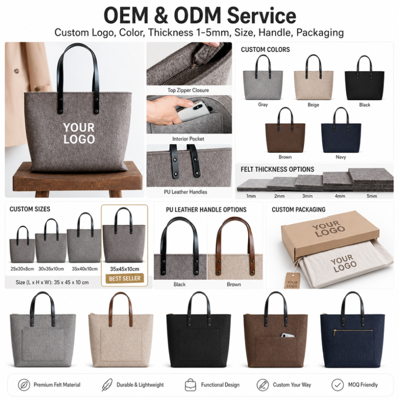 Wholesale Custom Logo Felt Tote Bag with Zipper PU Leather Handles Large Capacity Reusable Grocery Shopping Bag