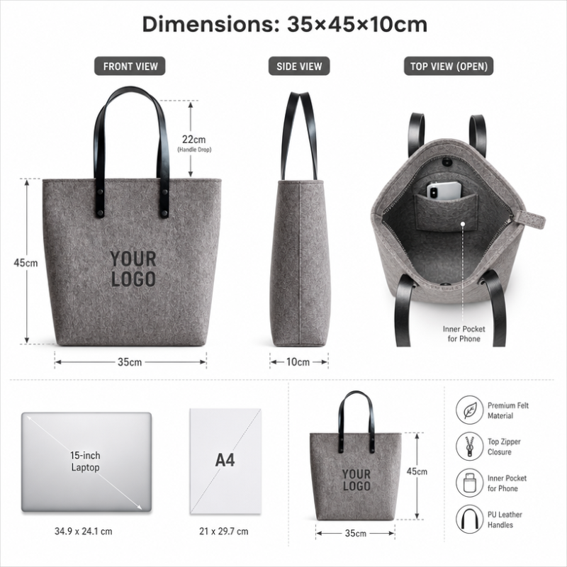 Wholesale Custom Logo Felt Tote Bag with Zipper PU Leather Handles Large Capacity Reusable Grocery Shopping Bag