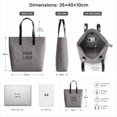 Wholesale Custom Logo Felt Tote Bag with Zipper PU Leather Handles Large Capacity Reusable Grocery Shopping Bag