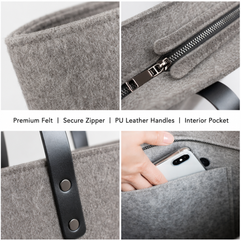 Wholesale Custom Logo Felt Tote Bag with Zipper PU Leather Handles Large Capacity Reusable Grocery Shopping Bag