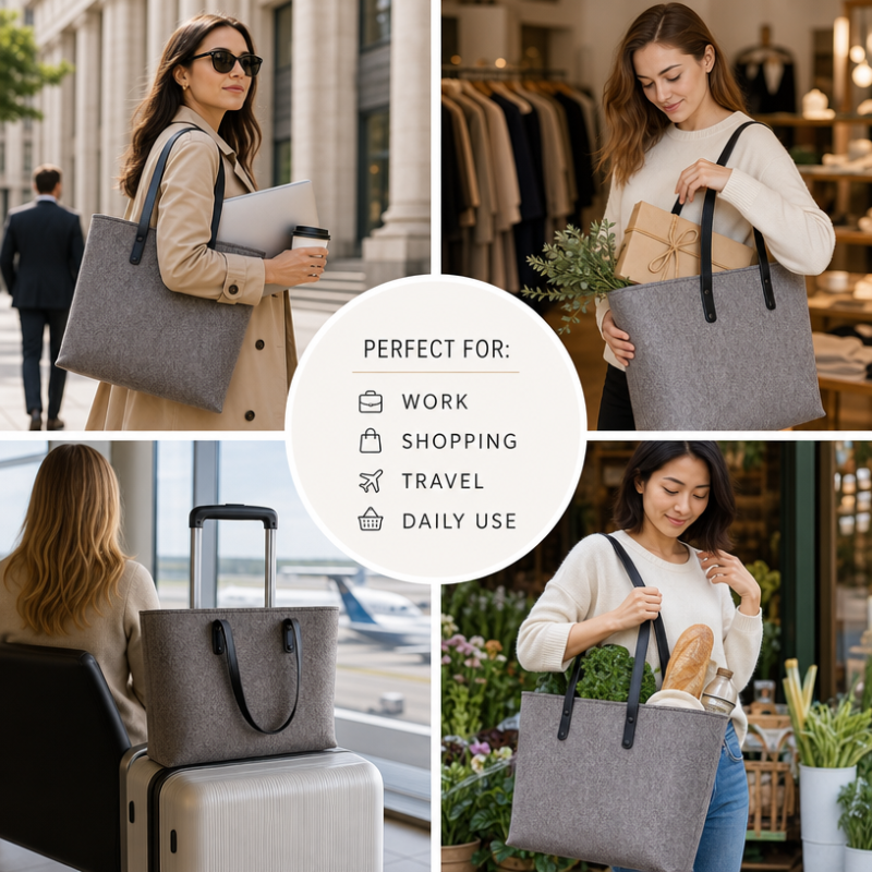 Wholesale Custom Logo Felt Tote Bag with Zipper PU Leather Handles Large Capacity Reusable Grocery Shopping Bag