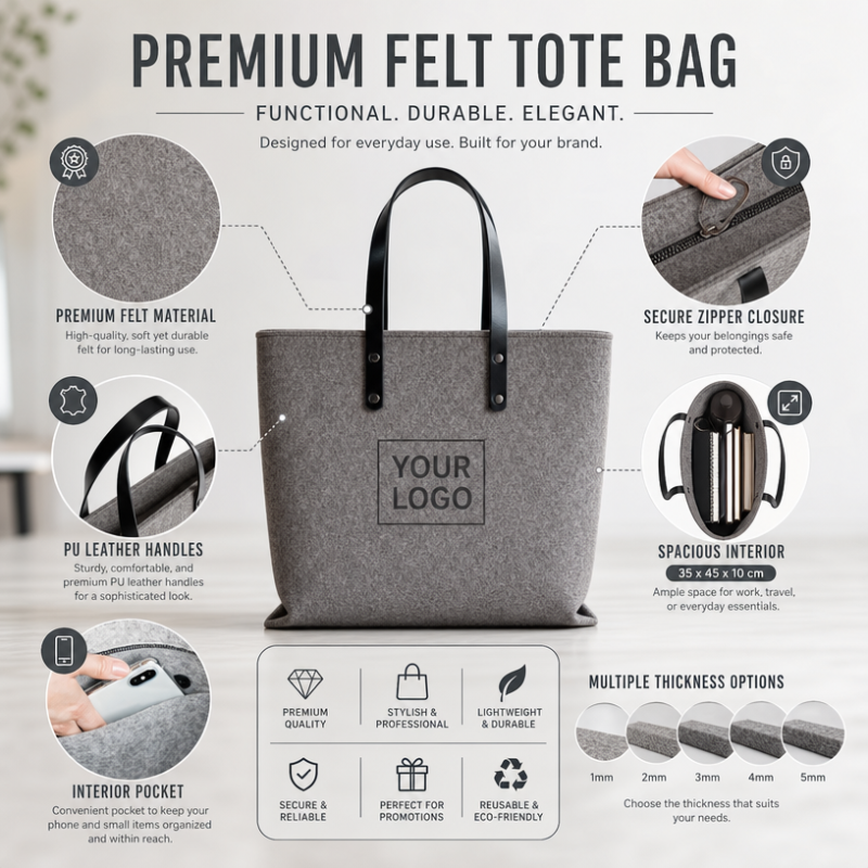 Wholesale Custom Logo Felt Tote Bag with Zipper PU Leather Handles Large Capacity Reusable Grocery Shopping Bag