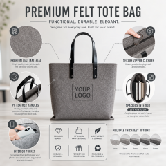 Wholesale Custom Logo Felt Tote Bag with Zipper PU Leather Handles Large Capacity Reusable Grocery Shopping Bag