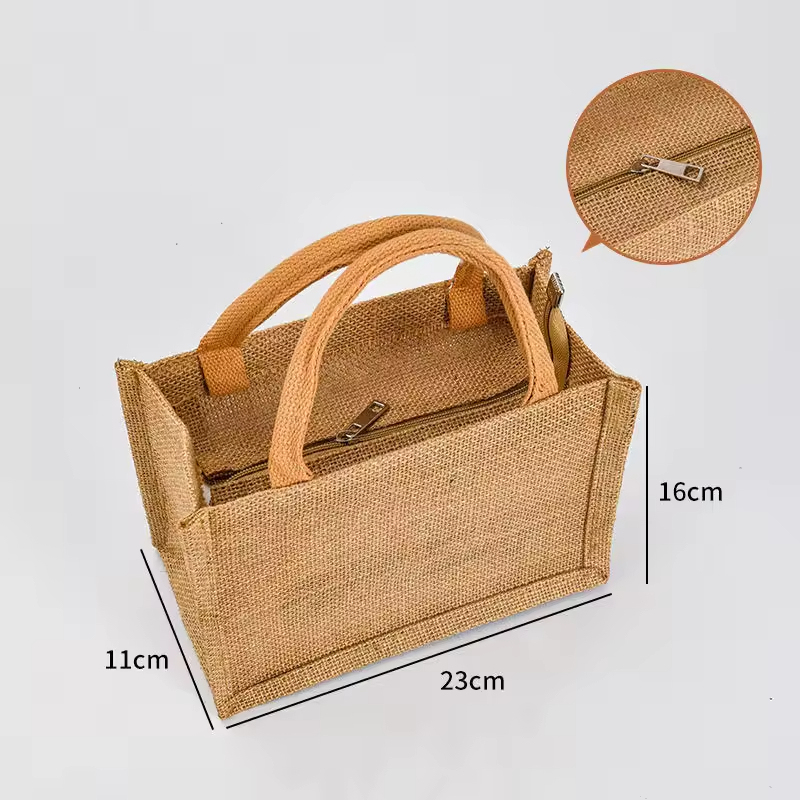 حقيبة تسوق عالية الجودة، رخيصة الثمن، مقاومة للماء، قابلة لإعادة الاستخدام، صديقة للبيئة، مع إمكانية إضافة شعار مخصص، مصنوعة من الخيش والجوت، مزودة بسحاب.