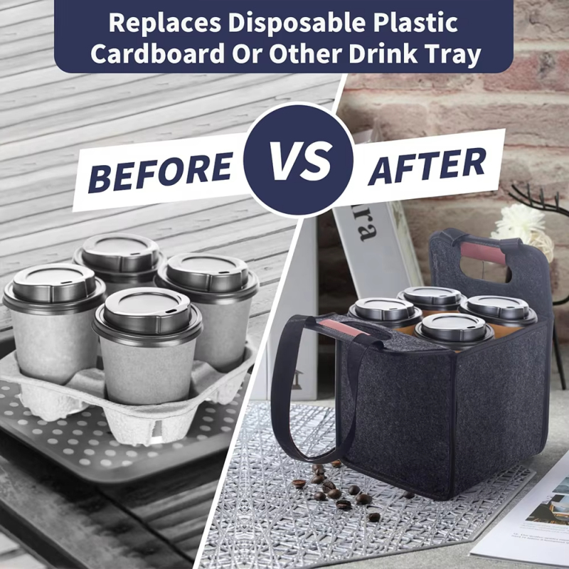 Wholesale Custom Coffee Cup Carrier - Collapsible Felt Drink Holder with 2/4/6 Slots (ECO Certified)
