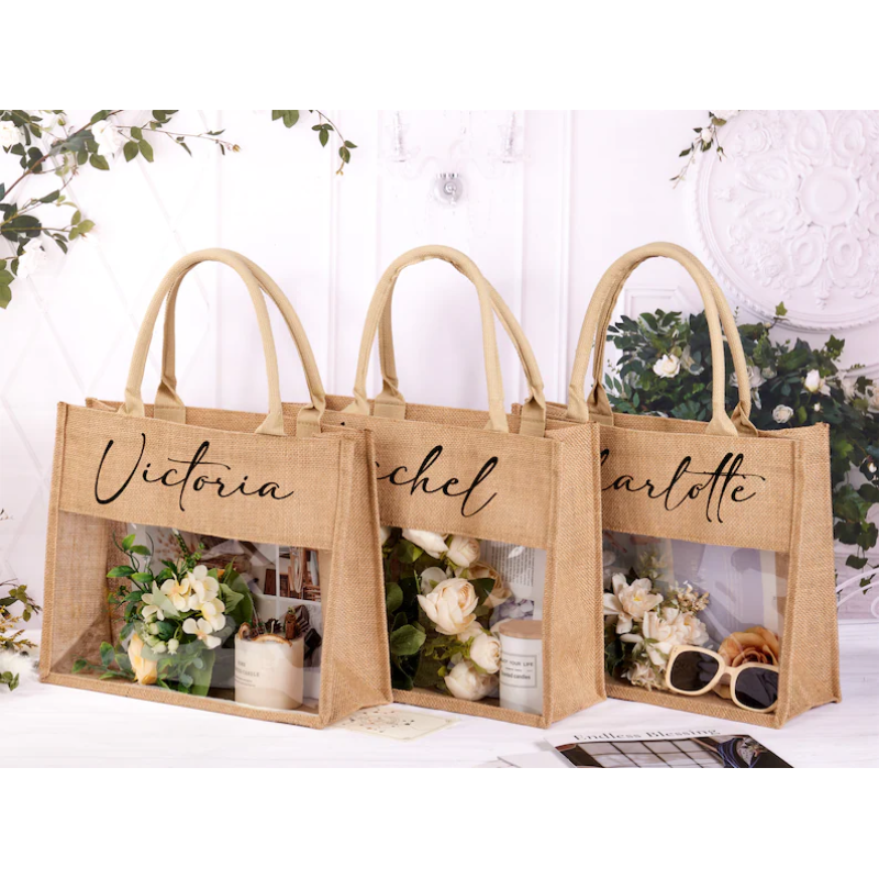 Custom Large Capacity Jute Tote Bag with Transparent PVC Window Waterproof for Wedding Gifts